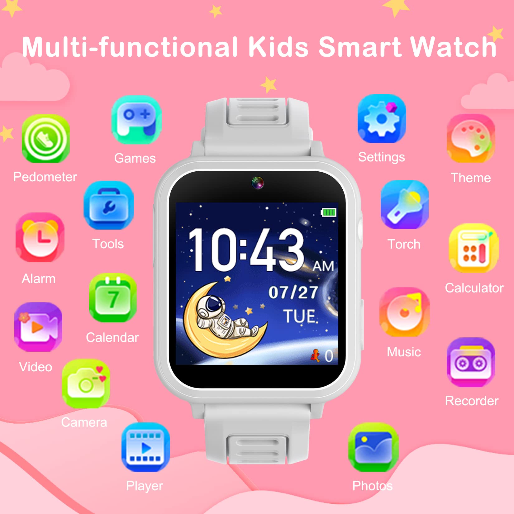 Phyulls Kids Smart Watch Gift for Girls Age 4-12, Smart Watch for Kids with 39 Games HD Touch Screen Watches Camera Video Music Pedometer Flashlight Educational Toys Birthday Gifts for Girls