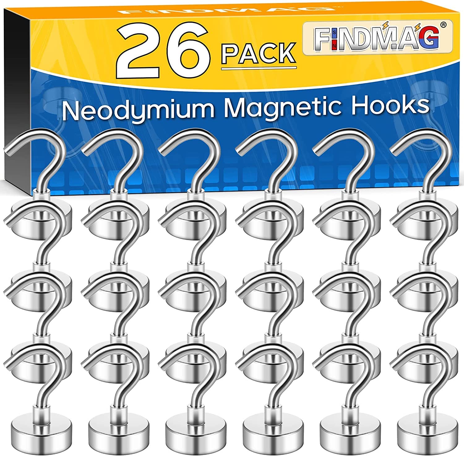 FINDMAG Magnet Hooks, 30 LB Neodymium Magnetic Hooks for Cruise Cabins, Strong Metal Hook for Cruise Ship Walls, Locker, Toolbox, Storage, Grill, Towel, Magnetic Ceiling Hook, 26 Pack, Silver