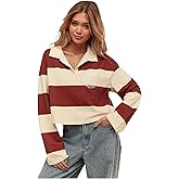 SweatyRocks Women's Rugby Shirt Striped Crop Sweatshirt Pullover Long Sleeve Tennis Cropped Tops Streetwear