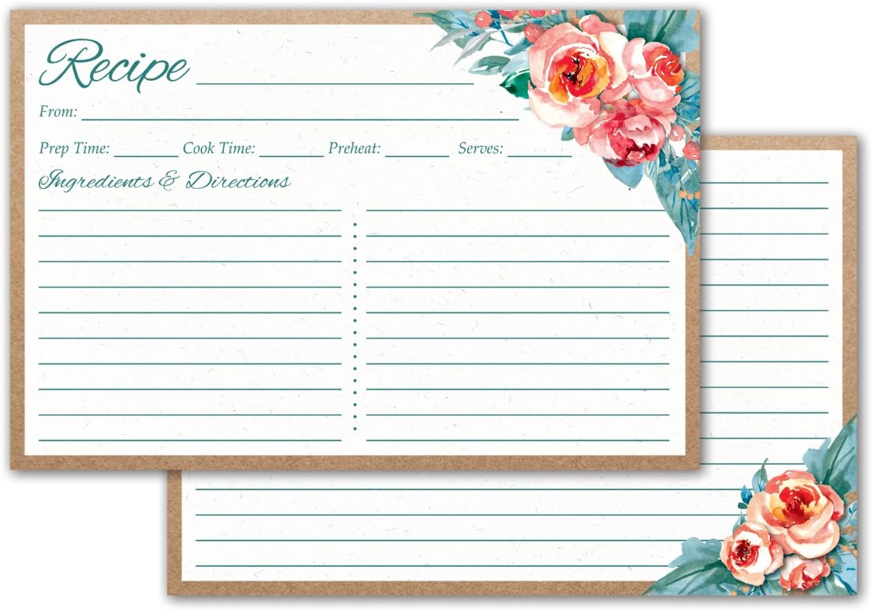 Floral Recipe Cards 4x6 - Set of 50 Double Sided Rustic Recipe Cards (Pink Floral) - Thick Cardstock, Perfect for Wedding, Bridal Shower, Christmas, Holiday