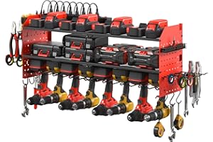 JUNNUJ Large Pegboard Power Tool Organizer with Charging Station, 8 Drills Driver and Tools Battery Holder Wall Mount with 8 Outlet Power Strip, Red 3-Layer Shop Garage Storage Utility Rack