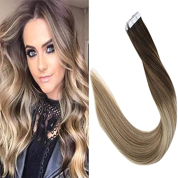 Laavoo 14 Balayage Tape Hair Extensions Human Marrón Oscuro A Marrón Claro Y Rubio Dorado Cabello Humano Brasileño Natural 50g 20 Pcs