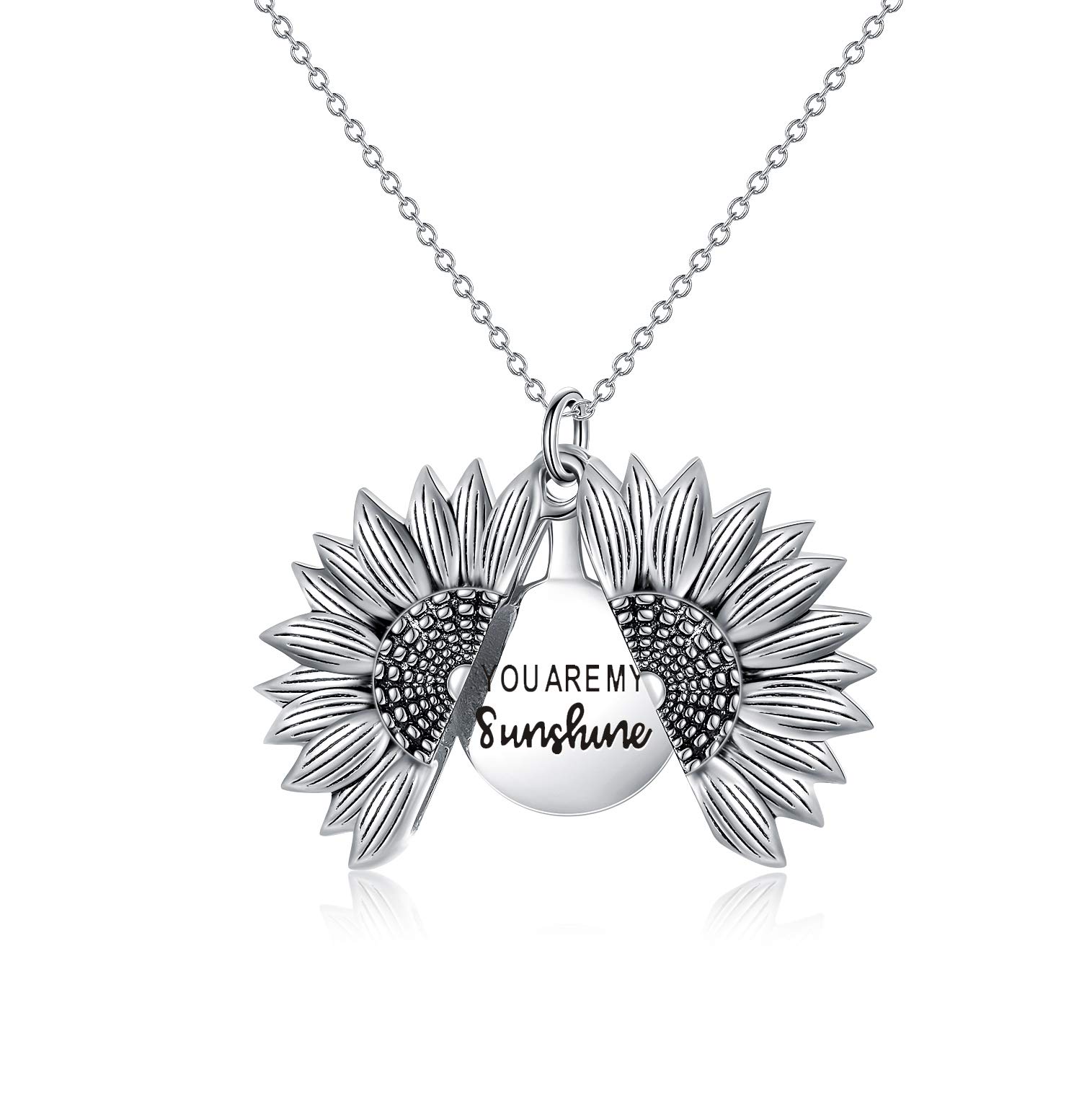 VONALA Sunflower Necklace for Women You are My Sunshine Engraved Locket 925 Sterling Silver Necklace (White Gold Plated)