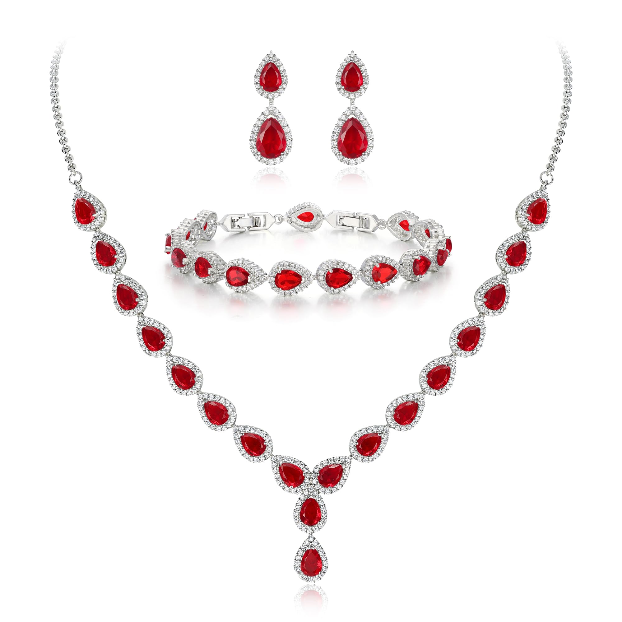 Clearine Women's Wedding Bridal Teardrop CZ Infinity Figure 8 Y-Necklace Tennis Bracelet Dangle Earrings Set Ruby Color Silver-Tone