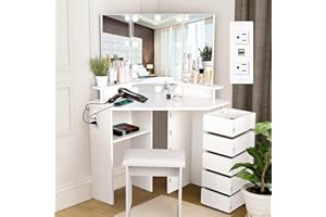 VOWNER Vanity with Lights - Makeup Vanity Desk with Power Outlet, 3 Color Lighting Options Brightness Adjustable, Vanity Table with 5 Rotating Drawers, Shelves and Stool for Bedroom, White