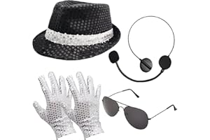 CiviLight Pop Star Costume Mj Rockstar Cosplay Accessories Famous Singer Outfit Sunglasses Fake Microphone Sequin Hat Gloves, Sliver