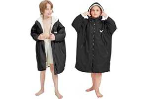 Meshoufu Kids Swim Parka, Waterproof Swimming Jacket, Hooded Surf Changing Robe, Warm Winter Swim Coat