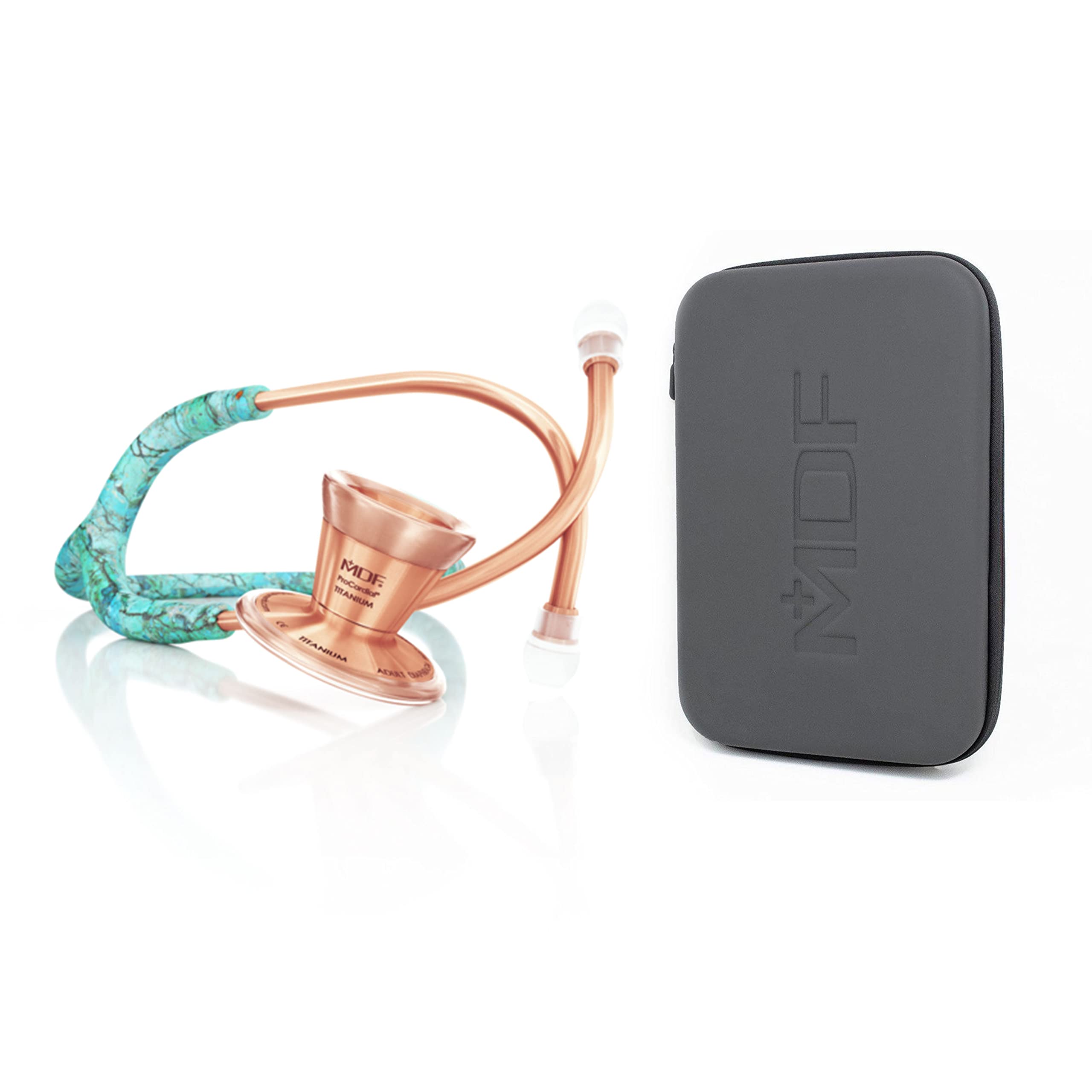 MDF Instruments, Turquoise/Rose Gold ProCardial Cardiology Stethoscope, Lightweight Titanium, MDF797TTQRG + MDF Stethoscope Hard Travel Carrying Case with Mesh Pocket, Medium Size (MDFSCM12)