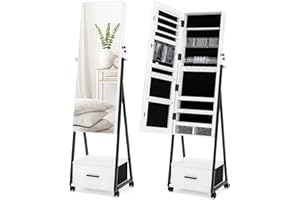 COSTWAY Mirror Jewelry Cabinet with Wheels, Standing Full-length Mirror with Jewelry Storage, Lockable Jewelry Organizer Box 