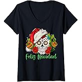 Womens Feliz Navidad Sugar Skull With Santa Hat Christmas Pajamas V-Neck T-Shirt