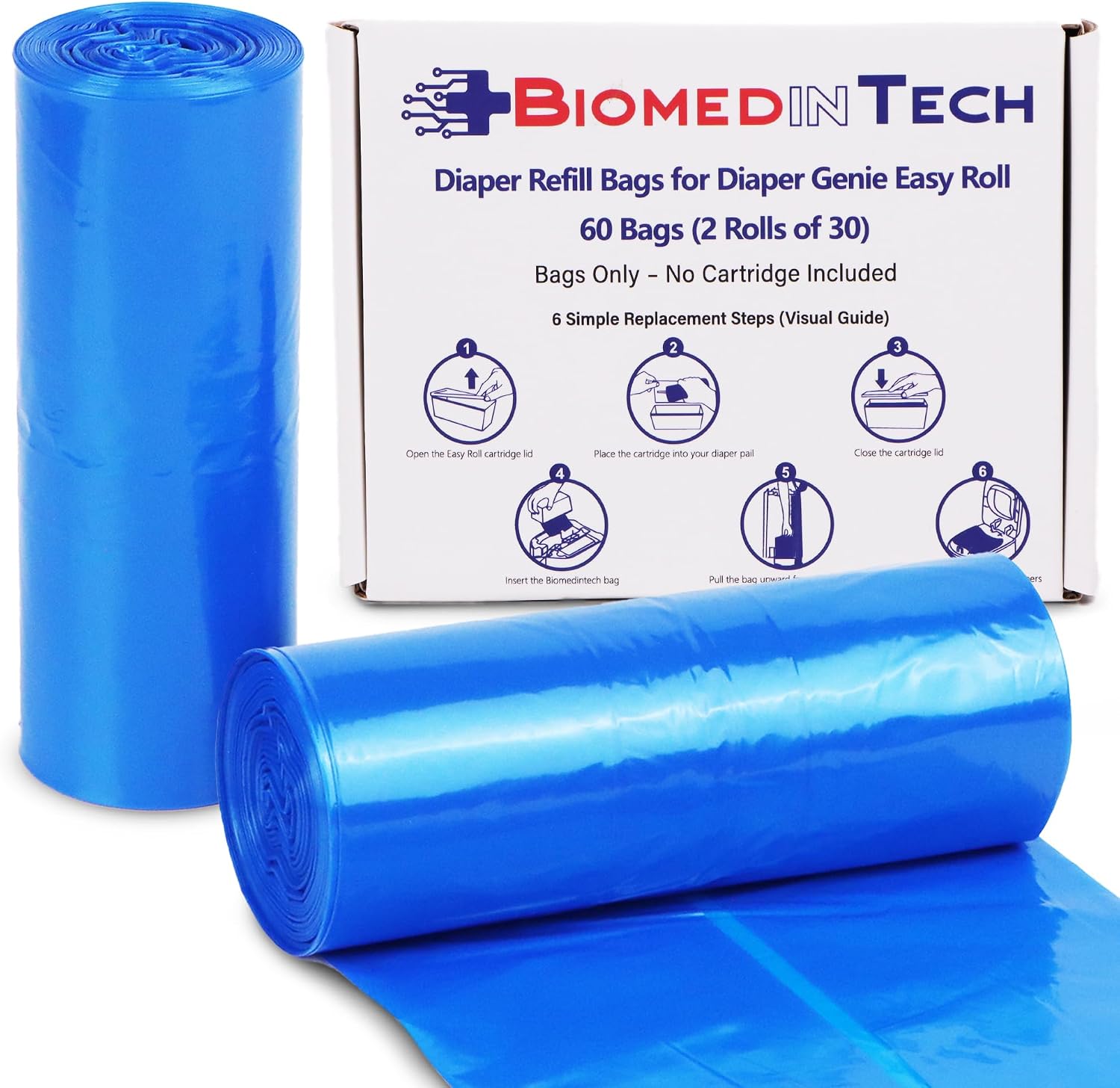 Biomedintech 60 Bags (2 Rolls x 30) Diaper Pail Refill bags compatible with Diaper Genie Easy Roll, fits Platinum & Signature Pails, No Cartridge, Max Odor Control, Scented, Holds 2820 Newborn Diapers