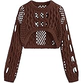 CIDER Cropped Sweaters for Women Knit Round Neckline Hollow Out Long Sleeve Crop Top Sweaters