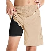 Youth Boys 2 in 1 Athletic Running Shorts with Compression Liner Lightweight Quick Dry Sports Workout Gym Shorts Zip Pockets