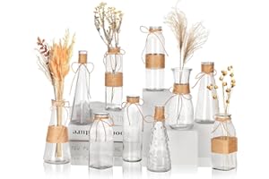 Nilos 10pcs Small Bud Glass Vases for Centerpieces Wedding Decorations, Clear Vases for Flowers, Mini Vintage Glass Flower Vase with Rope Design and Differing Shapes for Farmhouse Home Decoration