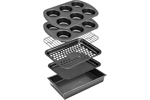 NutriChef Baking Set - 6pc Nonstick Bakeware Set for Oven, Toaster Ovens and Air Fryers, Stackable Baking Sheet, Muffin Pan, 