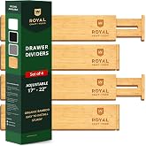 Bamboo Drawer Dividers Organizers, Adjustable Drawer Separator Splitters, 17&ndash;22 Inches Expandable Drawer Divider Organizer for Large Utensils, Kitchen, Bedroom, Dresser &amp; Office Drawers 4-Pack