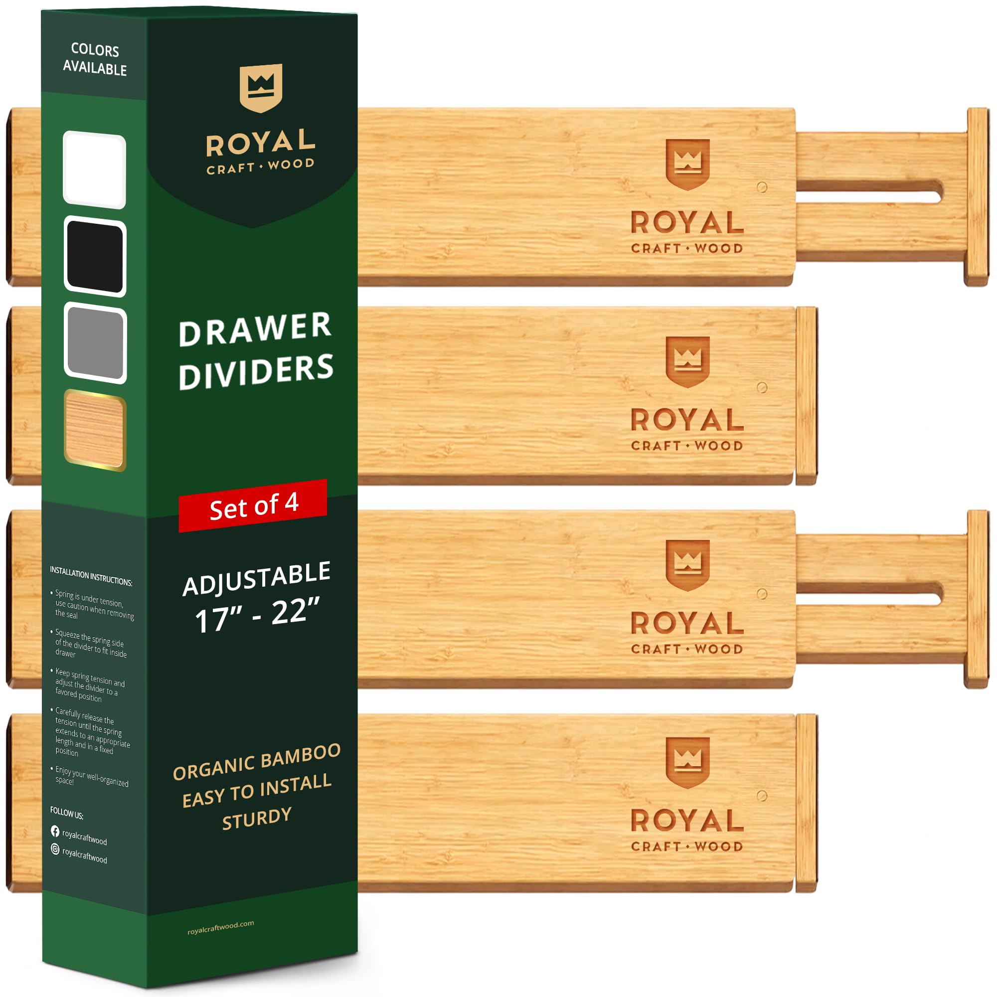 ROYAL CRAFT WOOD Expandable Bamboo Drawer Dividers Organizers - Adjustable Drawer Separators Best for Kitchen, Bathroom, Bedroom, Office or Dresser Organization, Set of 4, 16.5"-22"