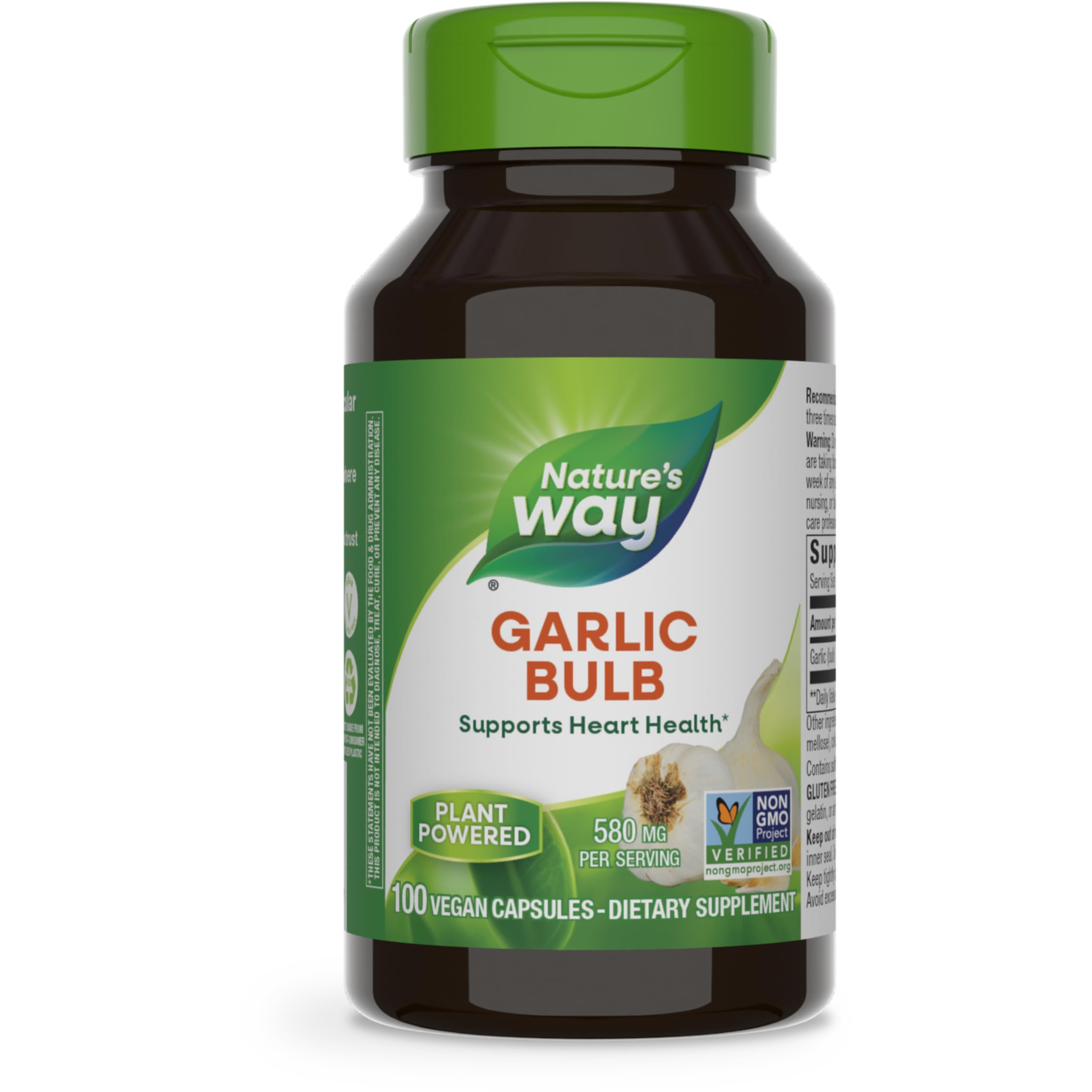 Nature's Way Garlic Bulb, Supports Heart Health*, Non-GMO Project Verified, 580 mg per Serving, Vegan, 100 Capsules (Packaging May Vary)