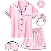 ALHAVONE Kids Girl Pajama Set with Headband Blindfold Hair Tie Toddler Boy Girl Satin Silky Button-up Pajama Sleepwear