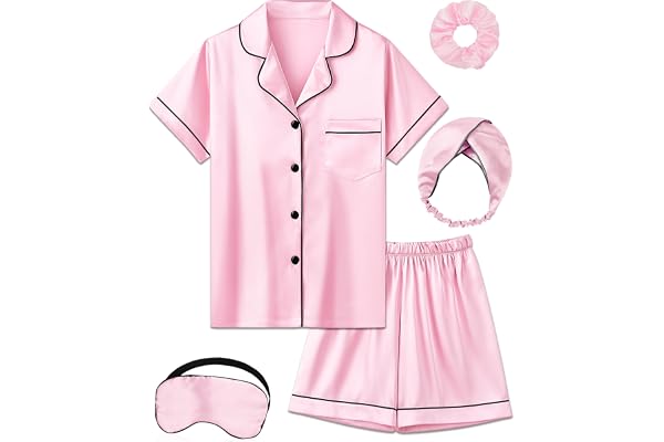 ALHAVONE Kids Silk Pajamas Girls Satin Pajamas Short Sleeve Girls Pjs Set | Size 5-12 Years, button-down top with pocket, ela