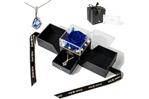 Otuo Preserved Roses Gift Jewerlry Box, Real Eternal Rose Flower with Necklace and Led Mood Light, Gifts for Girlfriend, Mom,