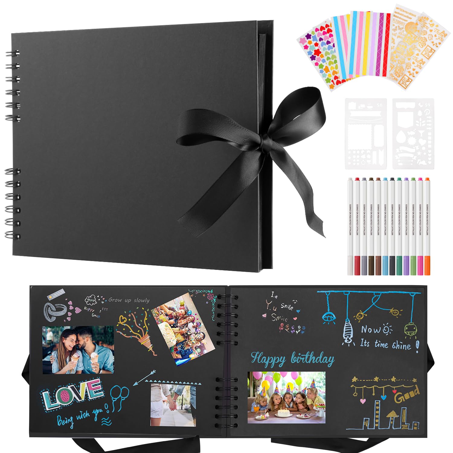 DazSpirit Photo Album Scrapbook - 80 Page DIY Memory Book with 12 Metallic Pens & 8 Photo Stickers, Holds 420 Photos - Scrapbook Kit, Perfect for Writing, Drawing, and Storing Memories(Black)