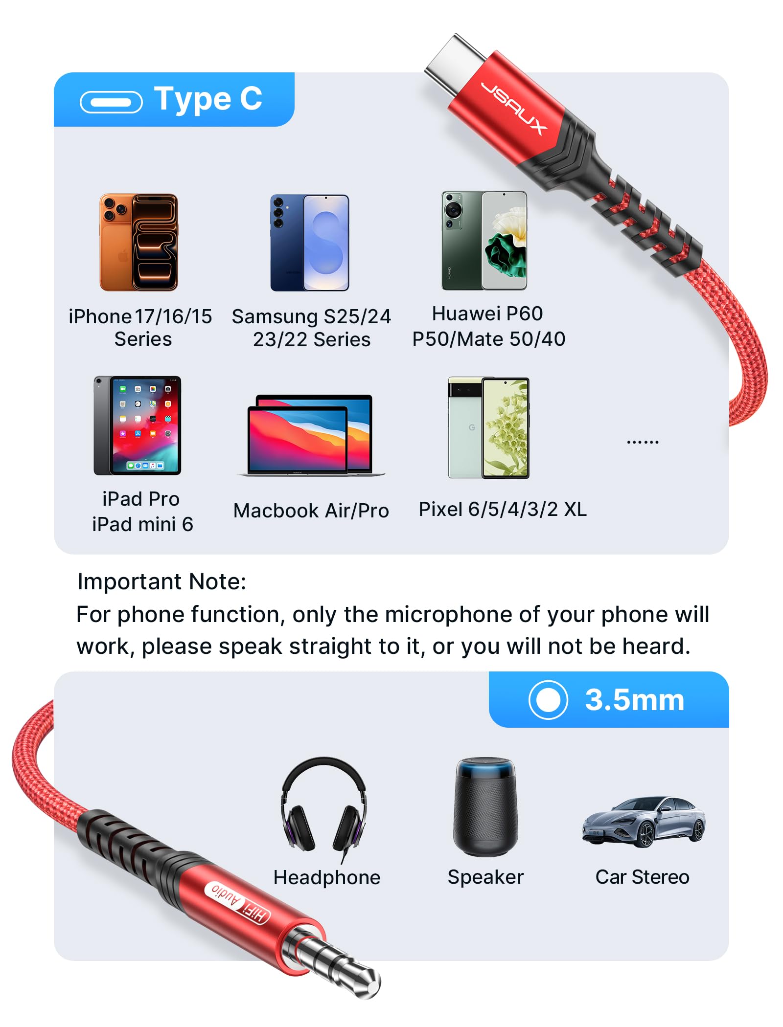 JSAUX USB C to 3.5mm Audio Aux Jack Cable for iPhone 17 Pro Max/Air [3.3ft], Type C to 3.5mm Headphone Car Stereo Cord Compatible with iPhone 16/15 Pro Max,Samsung Galaxy S25 S24, iPad Pro, Pixel 9/8