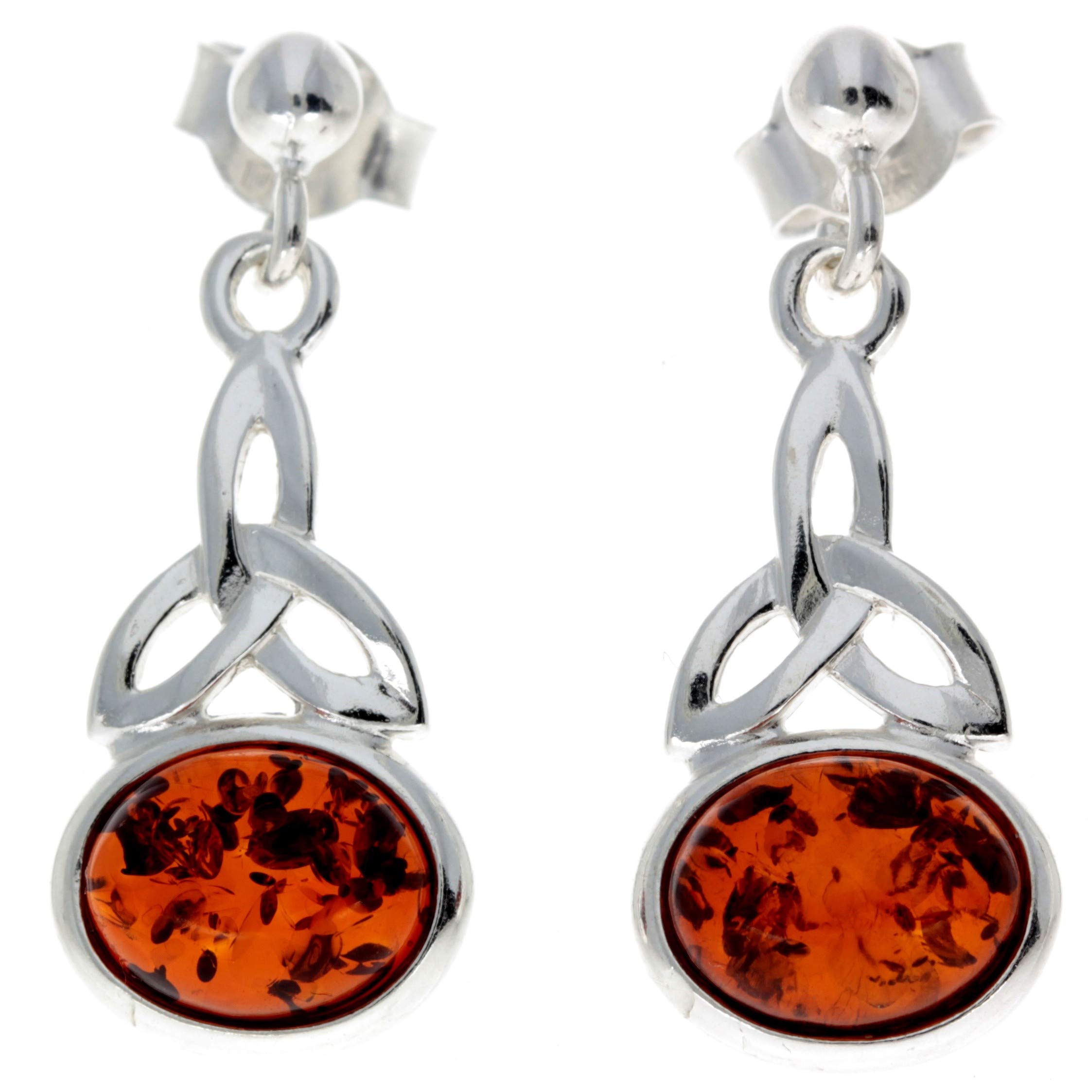 Genuine Natural Cognac Baltic Amber and 925 Sterling Silver Celtic Drop Studs Earrings 5425