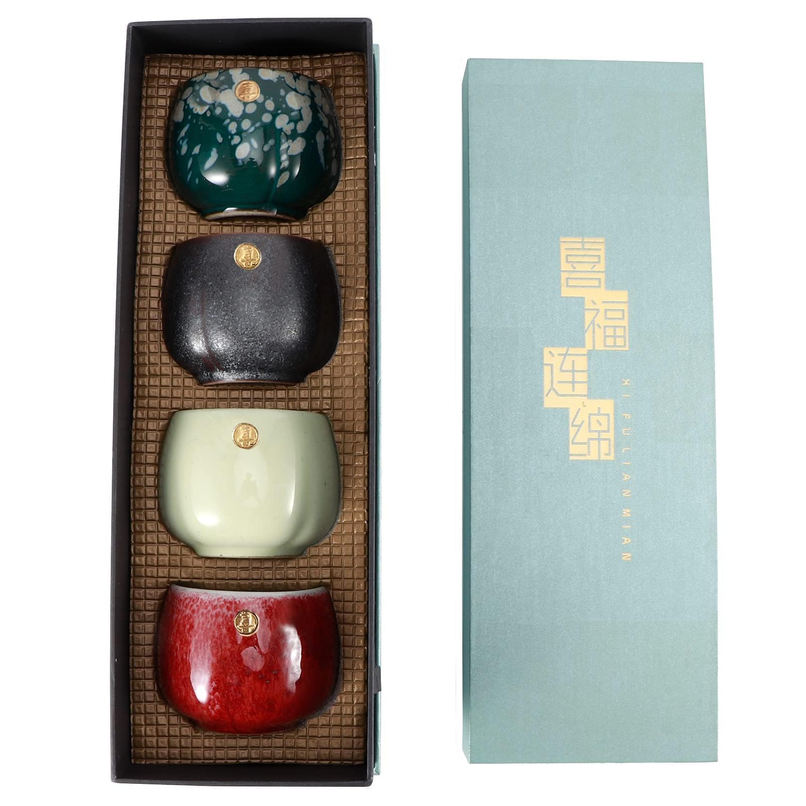 4 Pcs Ceramic Kung Fu Tea Set, Chinese Kung Fu Tea Cup Japanese Retro Tea Mugs in Sake Mugs Set with Box for Drinking(01)