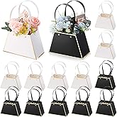 Fuutreo 12 Pcs Valentine's Day Flower Gift Bags for Bouquets Portable Craft Flower Arrangement Boxes with Handle Waterproof Bouquet Florist Packaging Wrap for Wedding Birthday Graduation(Black, White)