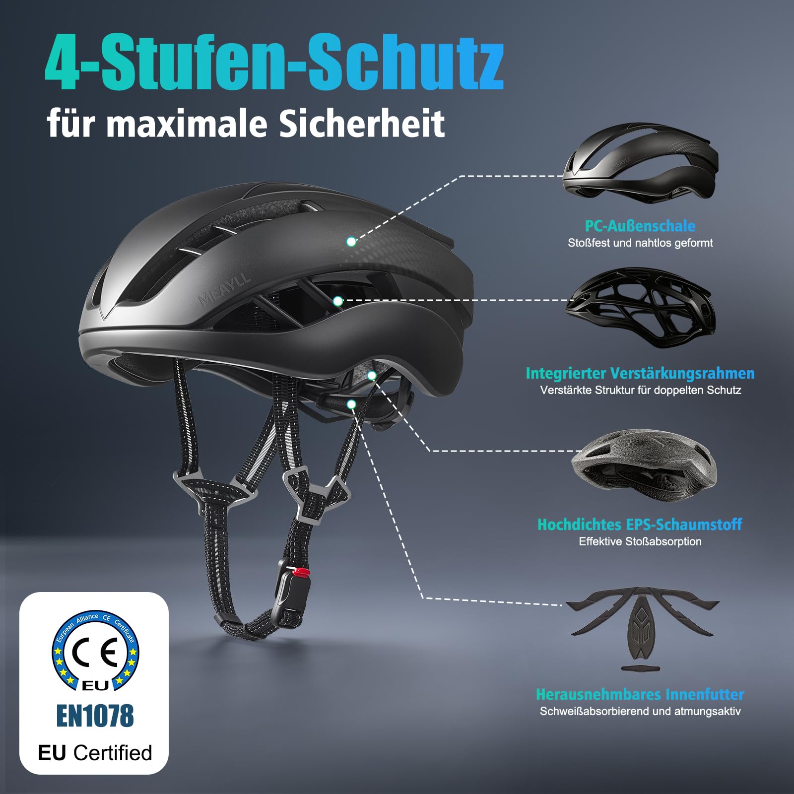 Fahrradhelm Herren Damen, Leichter Fahrradhelm Erwachsene für City & Rennrad mit Magnetverschluss, 16 Belüftungsöffnungen, CE EN1078 – Verstellbar M/L (55–61 cm, ca. 290–300g) 2
