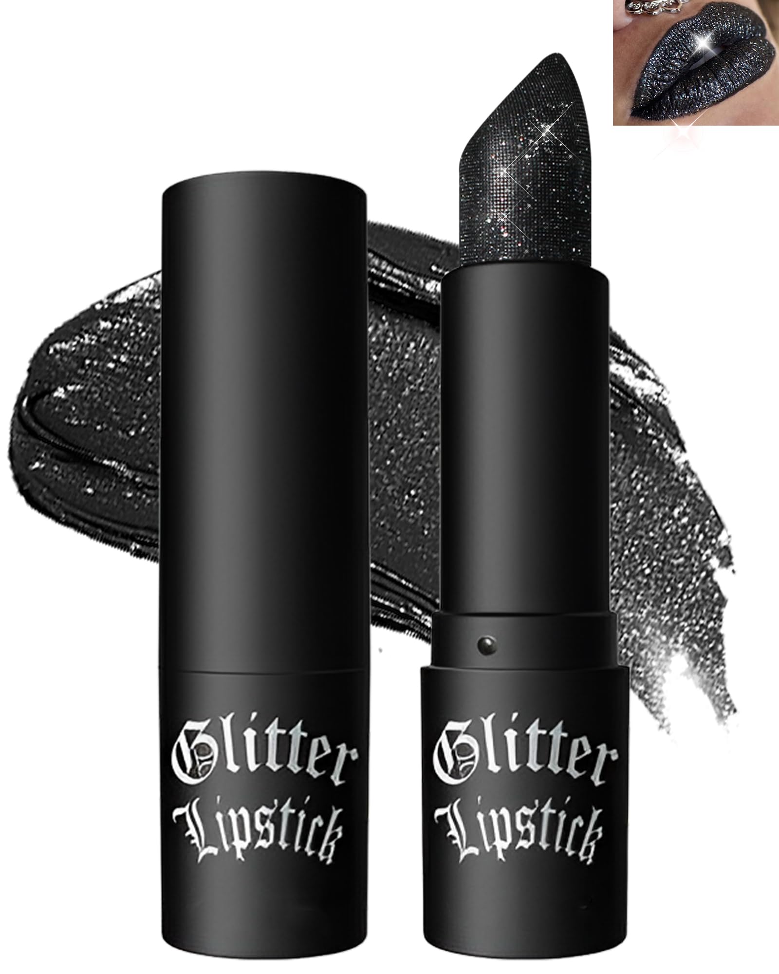 Black Diamond Glitter Matte Lipstick, Gothic Shiny Lip Gloss, Sparkling High Pigment Longlasting Waterproof Smudgeproof Non-Stick Lipstick, Shimmer Lip Blam for Stage,Cosplay,Halloween Party Makeup-06