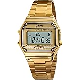 SNE Digital Sports Watch Men's Women Water Resistant Outdoor Stainless Steel Band Electronic Square LED Back Light Classic Wristwatch Gold 1123