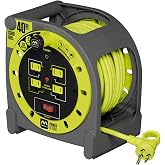 Masterplug 40ft Case Cord Reel, Retractable Extension Lead with Winding Handle, Safety Overload Circuit Breaker and Power Switch, 4X Grounded Outlets, 13amps, 14AWG Cable