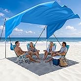 MoKo Beach Shade Canopy, 100 Sq.Ft. Wind-Supported Sunshade Sail for 4-6 People, Lightweight Easy Setup Beach Tent with UPF 50+ Sun Protection for Family Travel Coastal Trips, Blue
