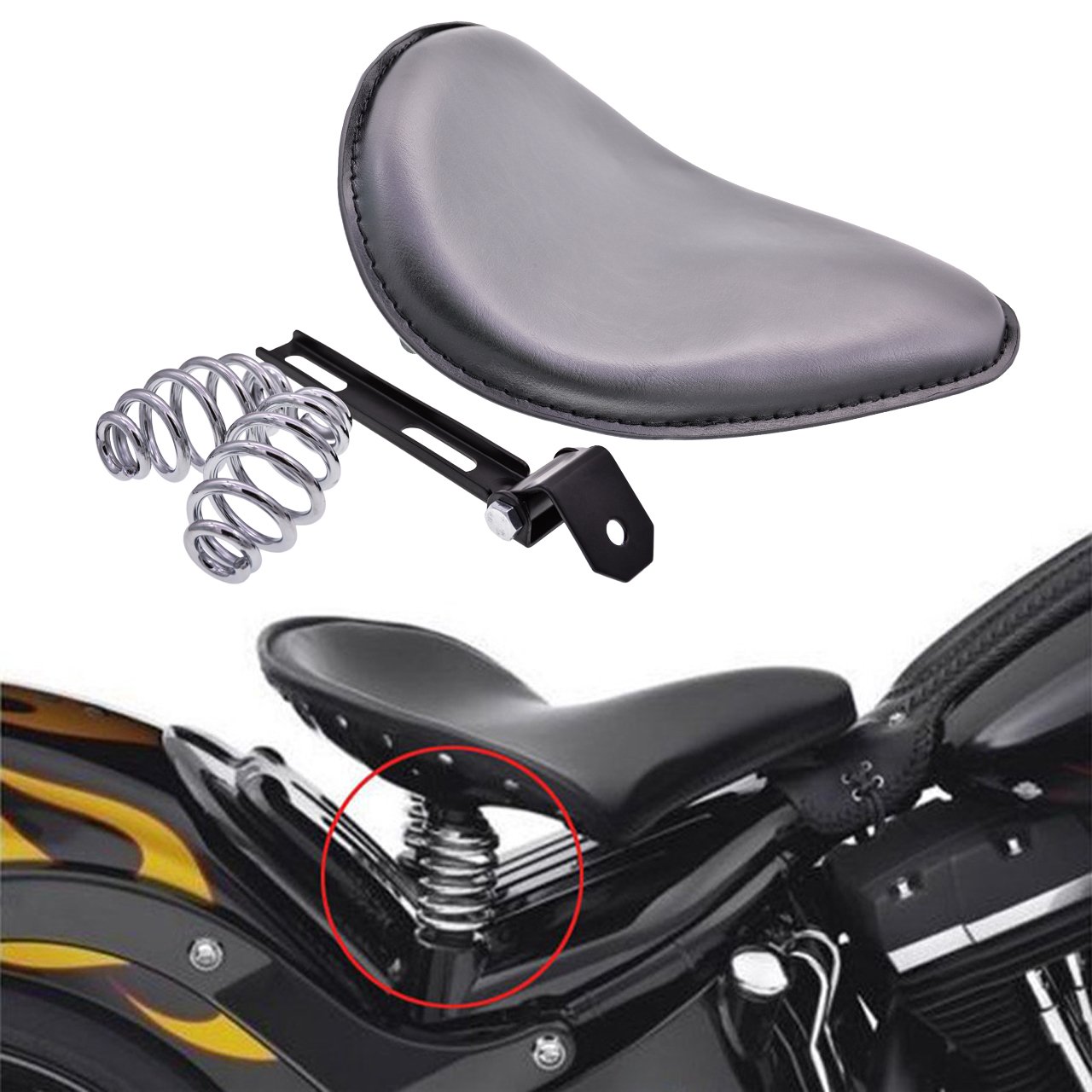NATGIC Black Leather Spring Seat Motorcycle Seat Cushion Saddle Bracket Kit for Harley