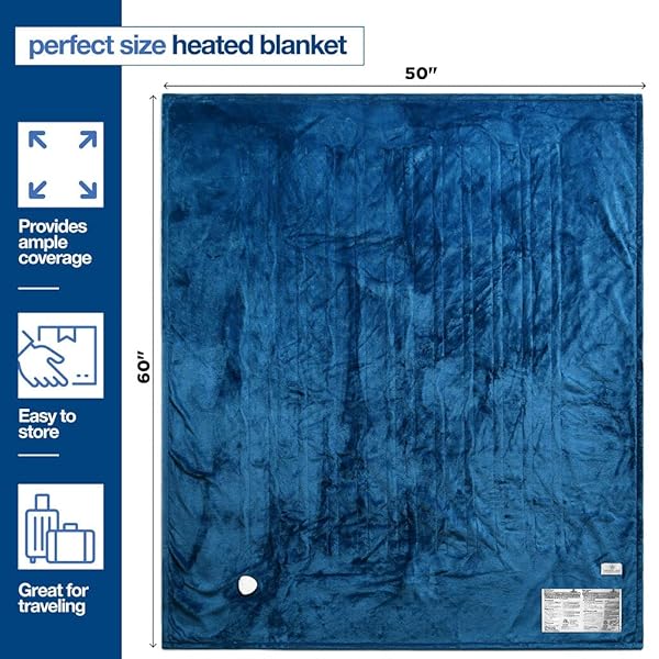 MEDICAL KING HEATED BLANKET, MACHINE WASHABLE EXTREMELY SOFT & COMFORTABLE ELECTRIC BLANKET THROW FAST HEATING WITH HAND CONTROLLER 10 HEATING SETTINGS & AUTO SHUT-OFF (BLUE, 50 X 60)