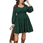 CICIDUDU Plus Size Smocked Fall Mini Dress for Curvy Women Long Sleeve Tiered Flowy A-Line Cute Short Dresses
