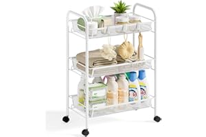 SYKIARIOL Metal Rolling Utility Cart, 3-Tier Mesh Wire Storage Trolley with Easy Assembly, Organizer Craft Cart 3 Hooks, Mobile Shelving Unit for Kitchen, Bathroom, Laundry Room, and Home