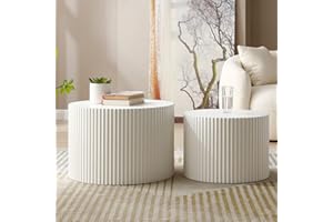 kevinplus 42.52'' White Round Nesting Coffee Table Set of 2 Modern Drum Side End Table for Living Room, Contemporary Wood Circle Embossed Design, No Assembly, White