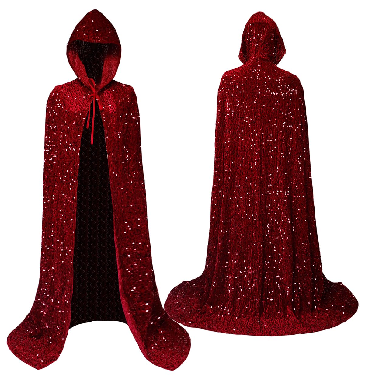 Coolwife Velvet Cloak Cape Wizard Hooded Party Halloween Cosplay Costumes for Men Women 53โ (X Sequin Wine Red) โ image 1