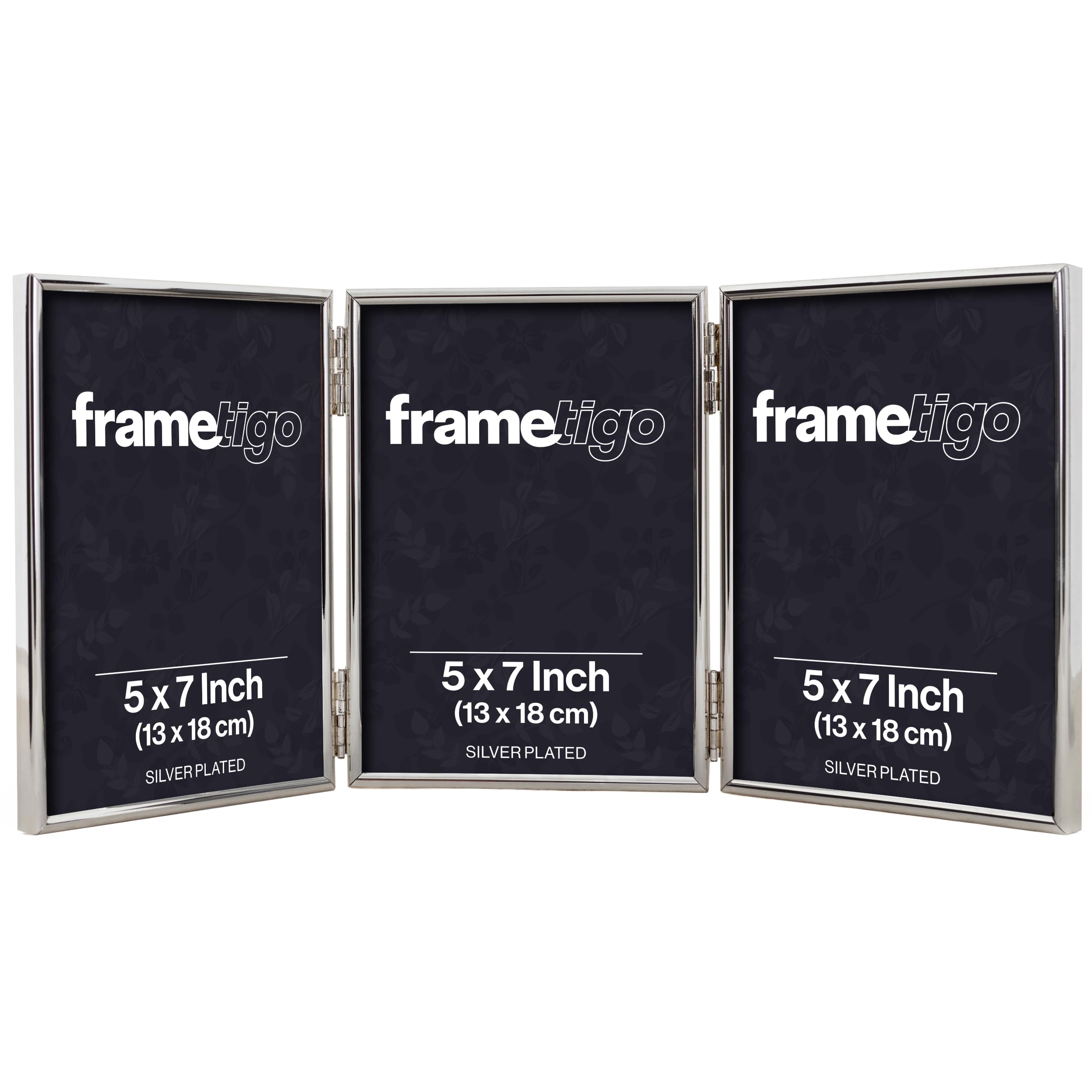 Frametigo - Silver Plated Thin Edge Triple Photo Frame, 5"x7" (13x18cm) Photo Size - Portrait Orientation - Velvet Frame Backing - Polished Edge Real Glass - Stylish Silver Frames - Tarnish Resistant