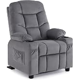 MCombo Big Kids Recliner for Ages 3+, Toddlers Recliner 7355 Velvet, Grey | Child Reclining Chair, Cup Holders, Anti Slip Feet, Side Pockets, FSC Certified