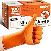 Borje Orange 8 Mil Nitrile Disposable Gloves, Heavy-Duty Mechanic Gloves, 100 Count, Large, Latex & Powder Free with Raised Diamond Texture, Industrial, Automotive, Gardening