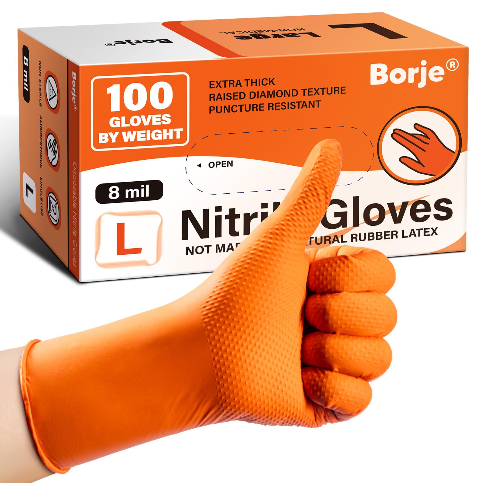 Borje Orange 8 Mil Nitrile Disposable Gloves, 100 Count, Large