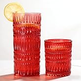 Loivttvv Glassware Drinking Glasses Set of 8, 14 oz Highball Glasses & 10 oz Ribbed Glass Cups, Vintage Glassware for Water, Juice, Cocktail (Christmas Red)