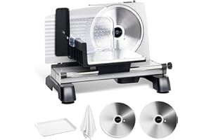 BIEAMA Meat Slicer, 200 W Electric Food Slicer with 2 Removable 7.5" Stainless Steel Blades Child Lock Protection Adjustable Thickness 0-18mm Meat Slicer Machine for Home with Food Tray, Towel