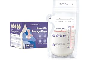 Breast Milk Storage Bags Freezer - RUVALINO® 6oz 60 Count Temp-Sensing Breastmilk Storage Bag for Breastfeeding with Pour Spout, Presterilized, No-Leak, Doubled-Sealed Bag for Fridge and Freezing