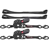 Masterwise 12FT Retractable Ratchet Straps, Motorcycle Tie Down Straps with S Hooks, Self Heavy Duty Ratchet Straps Include Loops for Trucks, Cargo, Motorcycles, Moving and Storage, 2 PCS
