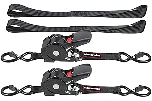 Masterwise 12FT Retractable Ratchet Straps, Motorcycle Tie Down Straps with S Hooks, Self Heavy Duty Ratchet Straps Include Loops for Trucks, Cargo, Motorcycles, Moving and Storage, 2 PCS